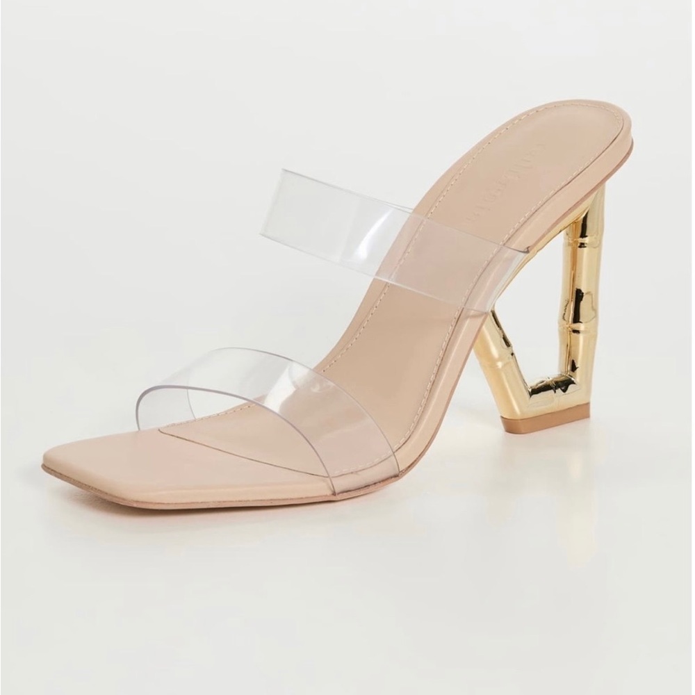 cult gaia Nude and Clear PVC Sandal with Gold Bamboo Block Heel